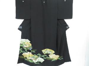 リサイクル　黒留袖　金彩　地紙に京名所文　五つ紋入り　着物